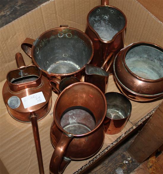 18th century copper quart jug, a two handled jug and 6 other copper items